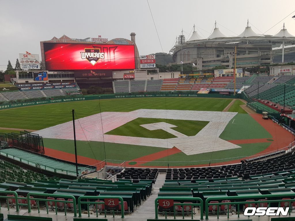 방수포 깔린 SK행복드림구장. /fpdlsl72556@osen.co.kr