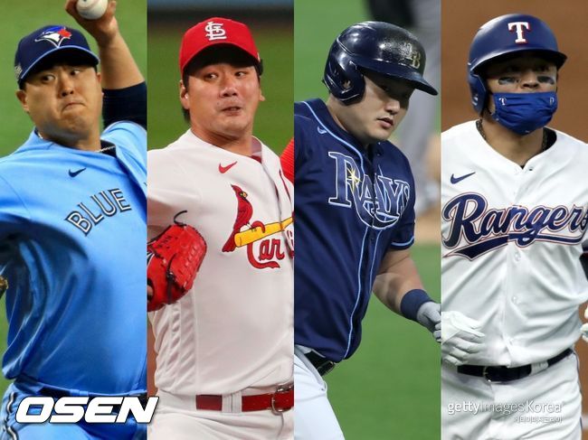 [사진] 토론토 류현진(왼쪽부터), 세인트루이스 김광현, 탬파베이 최지만, 텍사스 추신수. ⓒGettyimages(무단전재 및 재배포 금지)