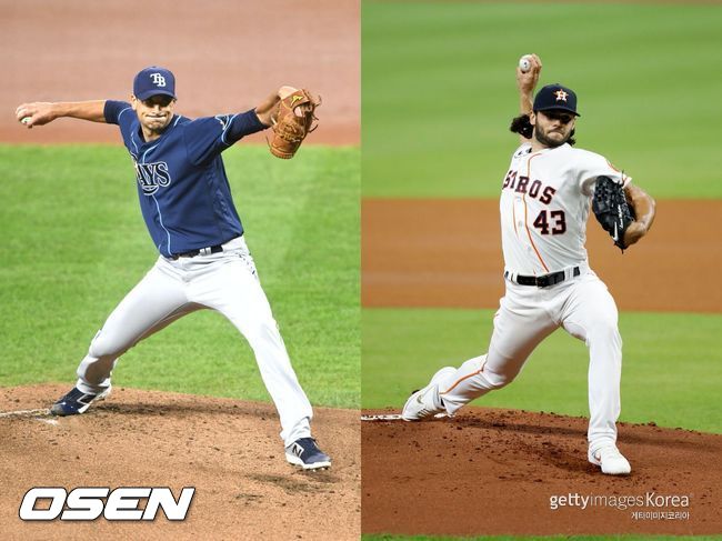 [사진] 탬파베이 투수 찰리 모튼(왼쪽)과 휴스턴 투수 랜스 맥컬러스. ⓒGettyimages(무단전재 및 재배포 금지)