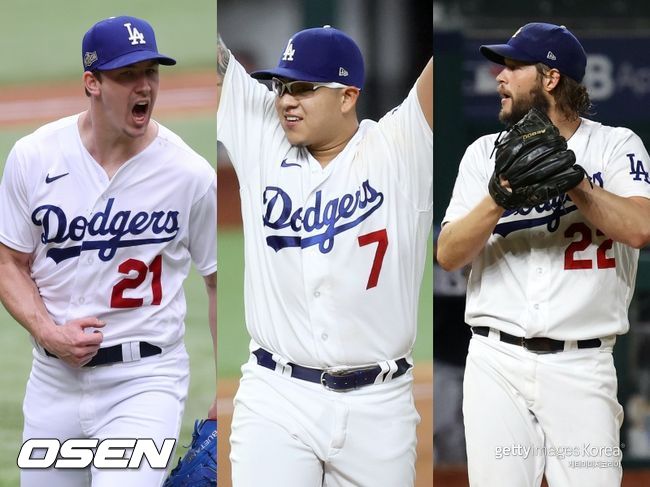 [사진] LA 다저스 워커 뷸러(왼쪽부터), 훌리오 유리아스, 클레이튼 커쇼. ⓒGettyimages(무단전재 및 재배포 금지)