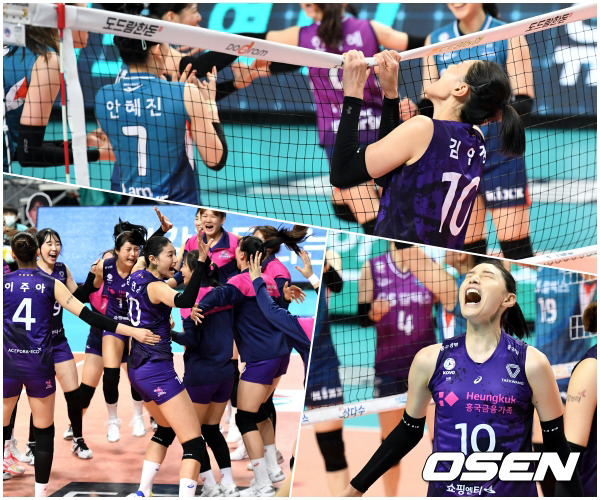 11일 서울 장충체육관에서 열린 ‘도드람 2020-2021 V리그’ 여자부 GS칼텍스와 흥국생명의 경기, 흥국생명이 복귀 후 최다득점인 38점을 몰아치며 공격을 이끈 김연경의 활약에 힘입어 세트스코어 3-2(23-25, 25-22, 25-19, 23-25, 17-15)로 승리하며 파죽의 6연승을 내달렸다.5세트 막판 상대 블로킹에 막혀 공격에 실패한 흥국생명 김연경이 네트를 붙잡고 흔들며 아쉬워하고 있다(위). 경기 종료 직후 동료들과 환호하는 김연경(왼쪽 아래)와 5세트 막판 득점 실패에 아쉬워하며 자책하는 김연경. / dreamer@osen.co.kr