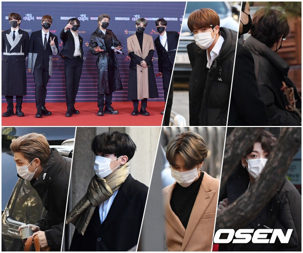 마스크를 착용하고 2020 KBS 가요대축제 포토월에 선 방탄소년단. 마스크를 착용하고 사전녹화에 참하는 진, 뷔, 정국, 지민, 제이홉, RM(왼쪽 맨 위 부터 시계방향). / [사진] OSEN=민경훈 기자. KBS 제공. 