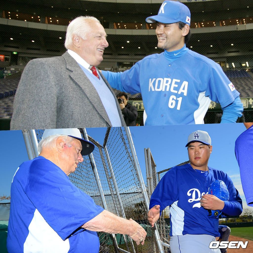 토미 라소다 전 다저스 감독이 한국인 메이저리거 박찬호, 류현진과 인사를 나누며 이야기를 나누고 있다. /spjj@osen.co.kr, youngrae@osen.co.kr