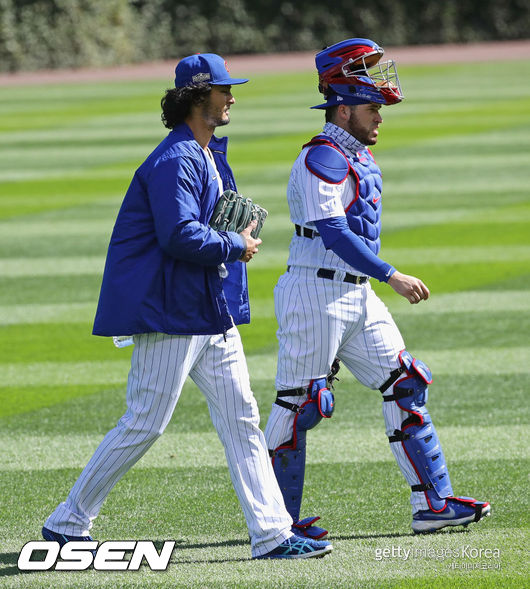 [사진] 다르빗슈(왼쪽)와 전담 포수 카라티니. ⓒGettyimages(무단전재 및 재배포 금지)