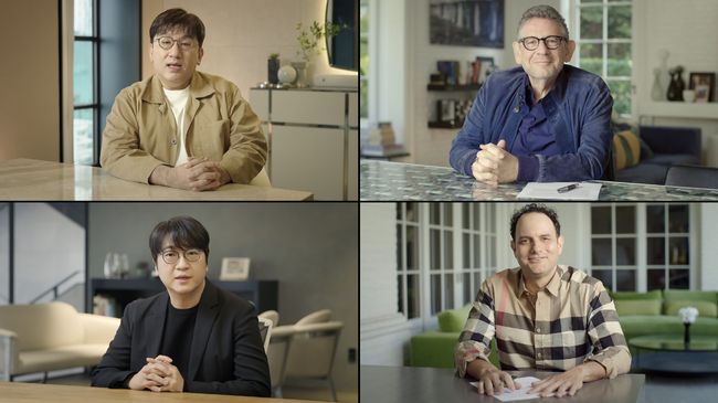 (좌측 상단부터 시계방향) 빅히트 엔터테인먼트 방시혁 이사회 의장 겸 대표이사, 유니버설뮤직그룹 루시안 그레인지 회장 겸 CEO, 인터스코프 게펜 A&M 레코드 존 재닉 회장 겸 CEO, 빅히트 엔터테인먼트 윤석준 Global CEO