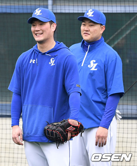 삼성 이성곤과 오재일이 수비 훈련을 하고 있다. / dreamer@osen.co.kr