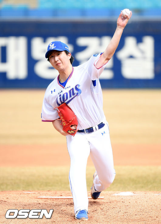 6일 대구 삼성라이온즈파크에서 삼성 라이온즈와 KT 위즈의 연습경기가 열렸다. 1회초 삼성 선발 최채흥이 공을 던지고 있다. /cej@osen.co.kr