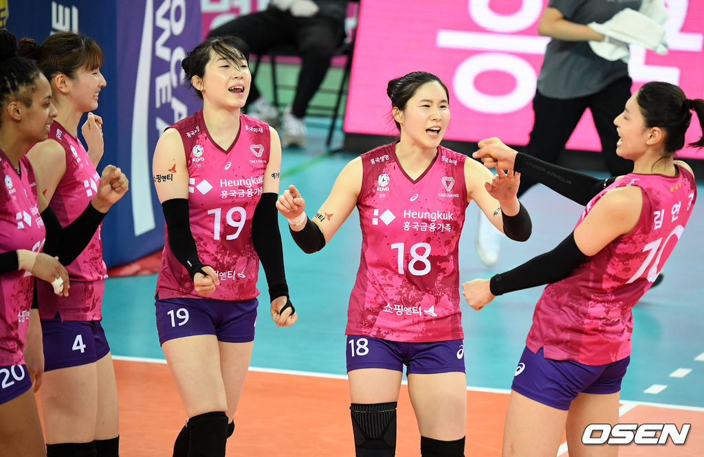 흥국생명 선수들이 득점에 기뻐하고 있다. /jpenws@osen.co.kr