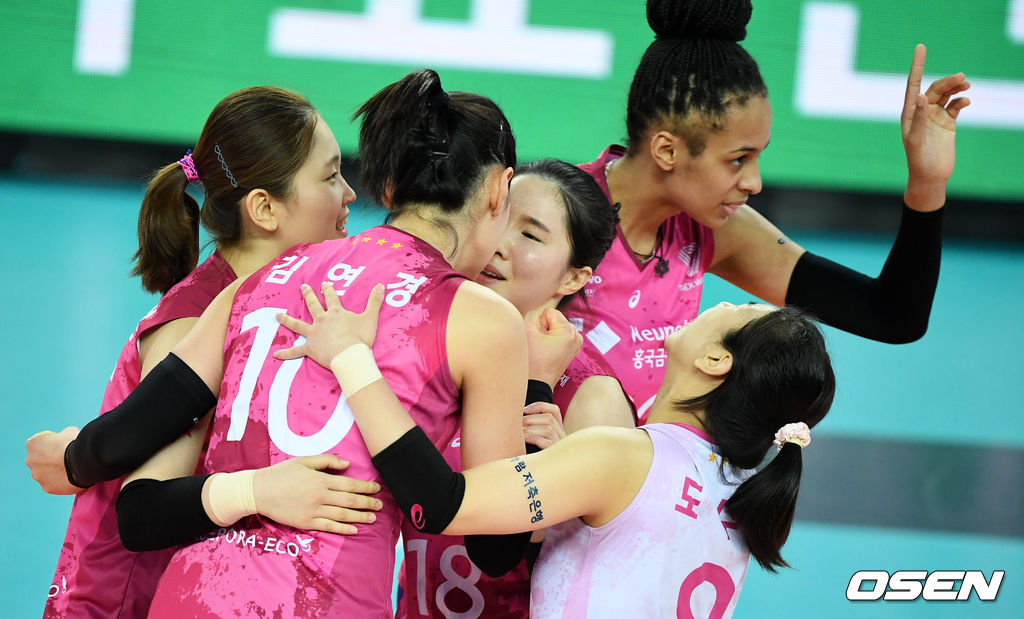 흥국생명 선수들이 득점에 기뻐하고 있다. /jpenws@osen.co.kr