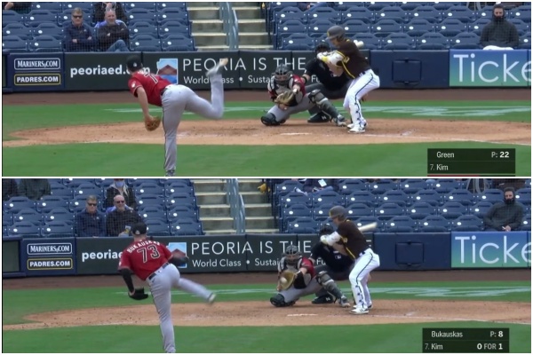 [사진] 김하성의 2회 삼진 장면(위)과 5회 삼진 장면. / MLB.tv 화면