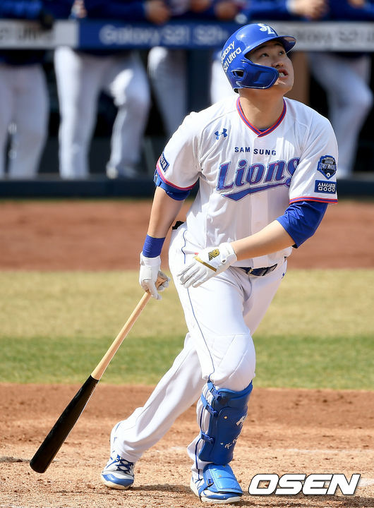 17일 오후 대구삼성라이온즈파크에서 삼성 라이온즈와 SSG 랜더스의 연습경기가 열렸다. 4회말 무사 삼성 오재일이 안타를 날리고 있다./ksl0919@osen.co.kr