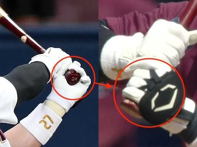 [사진] 키움 히어로즈 박동원의 배트 그립 변화. 이전에는 왼손이 배트 노브를 감싸고 있었지만(왼쪽), 25일 경기부터는 왼손에 배트 노브를 걸고 타격을 하고 있다. / OSEN DB, 중계화면 캡쳐