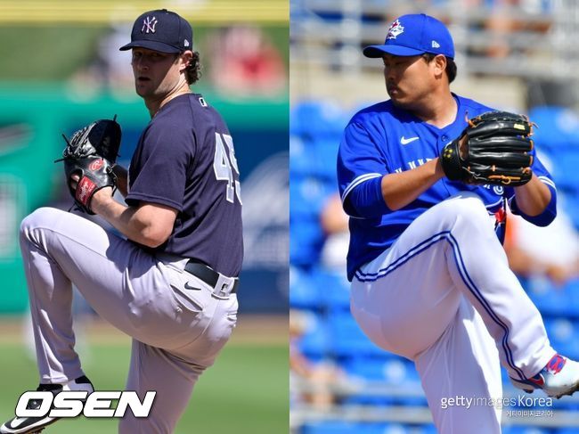 [사진] 뉴욕 양키스 게릿 콜(왼쪽), 토론토 블루제이스 류현진. ⓒGettyimages(무단전재 및 재배포 금지)