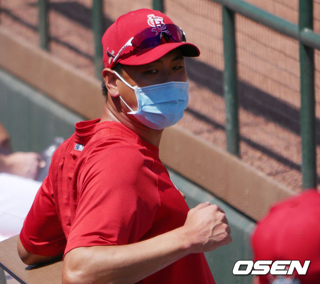 [OSEN=주피터(미 플로리다주), 이사부 통신원]세인트루이스 김광현이 덕아웃에서 동료들의 경기를 주시하고 있다. /lsboo@osen.co.kr