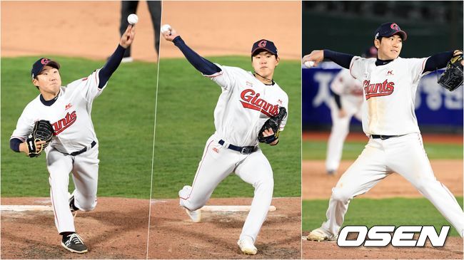 17일 오후 부산 사직야구장에서 ’2021 신한은행 SOL KBO 리그' 롯데 자이언츠와 삼성 라이온즈의 경기가 열렸다.  8회와 9회 롯데 야수 추재현, 배성근, 오윤석이 차례로 등판해 역투하고 있다. /sunday@osen.co.kr