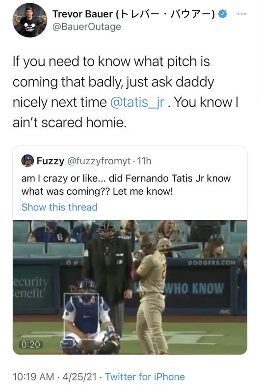 [사진] LA 다저스 트레버 바우어가 올린 트윗 <트레버 바우어 트위터 캡처>