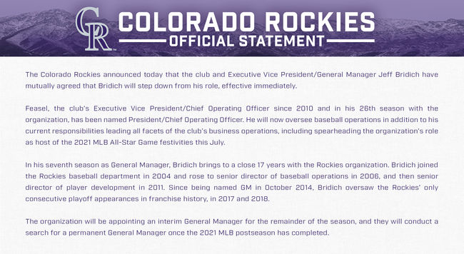 [사진] 콜로라도가 27일(한국시간) 제프 브리디치 단장 해임 소식을 전한 전문. <콜로라도 로키스 트위터 캡처>