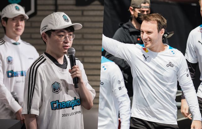 담원 '쇼메이커' 허수(왼쪽)와 C9 '퍽즈' 루카 페르코비치. /라이엇 게임즈 플리커.