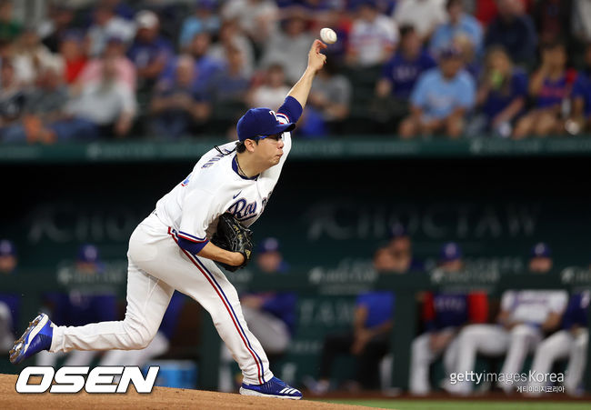 [사진] 20일(한국시간) 역투하는 텍사스 레인저스 양현종. ⓒGettyimages(무단전재 및 재배포 금지)