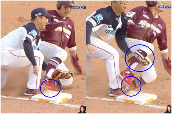 [사진] 4월 11일 키움-롯데전. 롯데 3루수 한동희가 키움 서건창을 태그하고 있다. 글러브로 서건창의 다리를 들어올리는 자세가 되면서 서건창이 발이 베이스에서 떨어졌다. 비디오판독에서 세이프가 아웃으로 번복됐다. / MBC 스포츠 중계 화면 