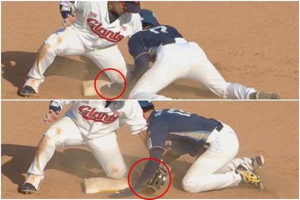 [사진] 5월 30일 NC-롯데전. 롯데 2루수 김민수가 NC 이재율의 2루 도루 때 태그하고 있다. 이재율이 먼저 베이스를 터치했으나, 김민수의 태그 동작으로 손이 밀려났다. 비디오판독에서 세이프가 아웃으로 번복됐다. / MBC 스포츠 중계 화면 