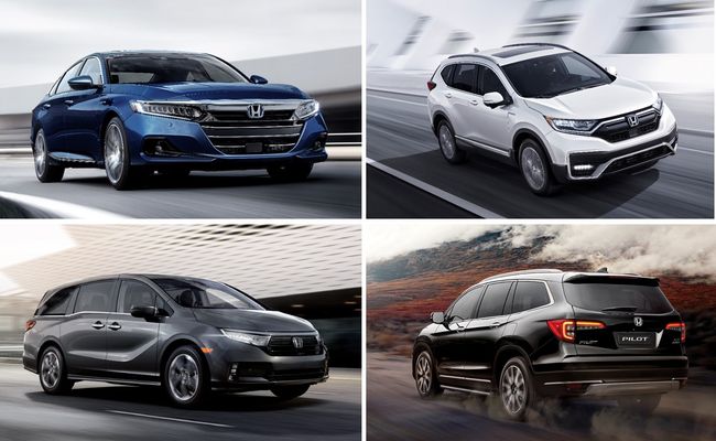 왼쪽 위에서 시계방향으로 혼다 어코드 하이브리드, CR-V 하이브리드, 파일럿, 오딧세이.