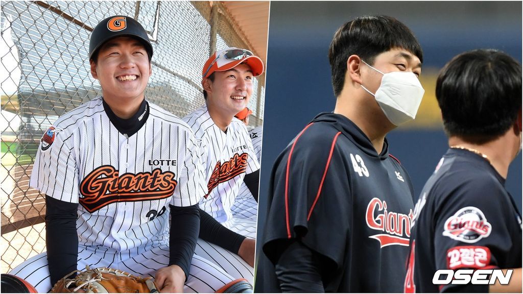 (좌) 신인시절 미국 애리조나 스프링캠프에 참가해 김민수와 휴식을 취하고 있는 나균안. (우) 1일 서울 고척스카이돔에서 열린 키움전에서 투수 전향 후 첫 승을 거두고 미소 짓고 있는 나균안. 2017.02.11. | 2021.06.01. / jpnews@osen.co.kr, sunday@osen.co.kr