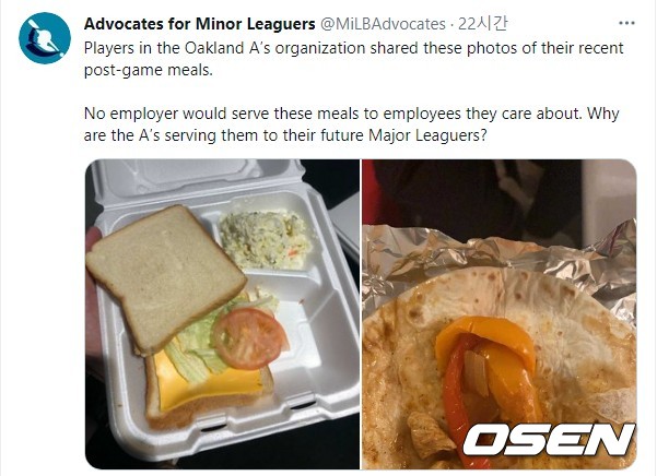 [사진] 오클랜드의 마이너리그 경기가 끝난 뒤 제공된 샌드위치와 타코 사진. <애드보케이츠 포 마이너리거 트위터 캡처>