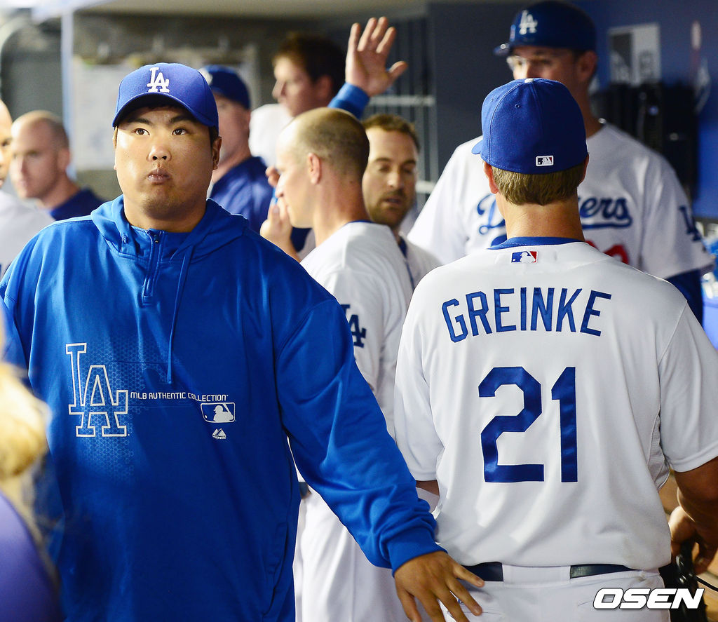 다저스 시절 덕아웃에서의 류현진과 잭 그레인키. rumi@osen.co.kr 