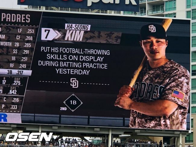 [사진] 샌디에이고와 애리조나의 경기가 벌어진 28일(한국시간) 펫코 파크 대형 전광판에 나타난 김하성 소개 화면. <애니 헤일브런 트위터 캡처> 