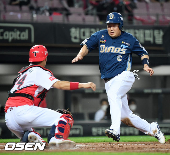 29일 오후 광주 KIA 챔피언스필드에서 ‘2021 신한은행 SOL KBO리그’ KIA 타이거즈와 NC 다이노스의 경기가 열렸다. 6회초 1사 주자 2루 NC 노진혁의 우익수 앞 안타때 양의지가 홈에서 KIA 김민식에게 태그아웃을 당하고 있다. 2021.06.29 / rumi@osen.co.kr