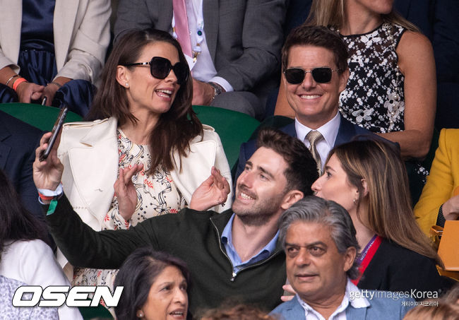 Tom Cruise and Hayley Atwell during the Ashleigh Barty (AUS) and Karolina Pliskova (CZE) match in the final of the Ladies' Singles on Centre Court at The Championships 2021. Held at The All England Lawn Tennis Club, Wimbledon. Day 12 Saturday 10/07/2021. Credit: AELTC/Ben Solomon