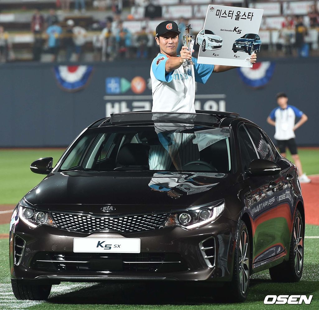 2015년 7월 18일 수원 KT위즈파크에서 열린 2015 KBO리그 올스타전, 경기 종료 후 MVP에 선정된 드림올스타 강민호가 부상으로 받은 차에 올라 기념촬영을 하고 있다. /dreamer@osen.co.kr