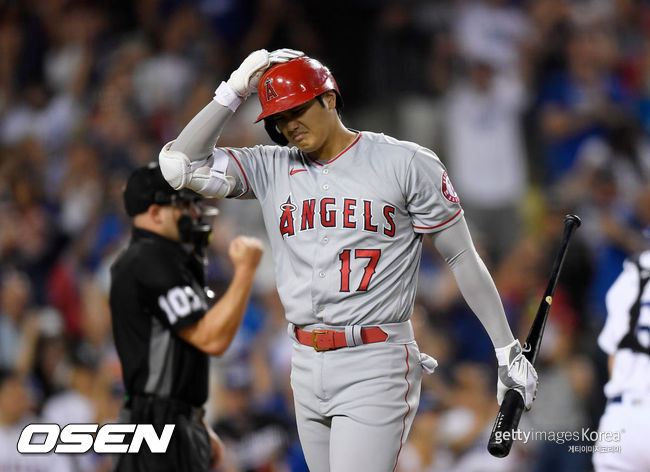 [사진] 에인절스는 2021년 8월 8일(한국시간) 다저스에 3-5로 졌다. 오타니는 8회초 대타로 나서 헛스윙 삼진으로 물러났다. ⓒGettyimages(무단전재 및 재배포 금지)