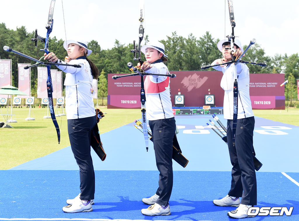 양궁대표팀 장민희, 강채영, 안산이 포즈를 취하고 있다. 2021.06.28 /sunday@osen.co.kr