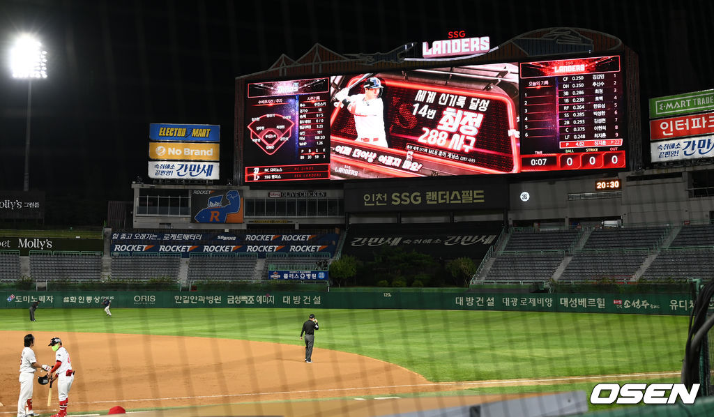 18일 오후 인천 SSG랜더스필드에서 2021 신한은행 SOL KBO리그 SSG 랜더스와 NC 다이노스의 경기가 진행됐다.6회말 SSG 선두타자 최정이 루친스키의 공에 맞고 개인 통산 288개 사사구로 세계 신기록을 세웠다  기록을 축하하는 문구가 전광판에 표시되고 있다. 2021.08.18 / soul1014@osen.co.kr