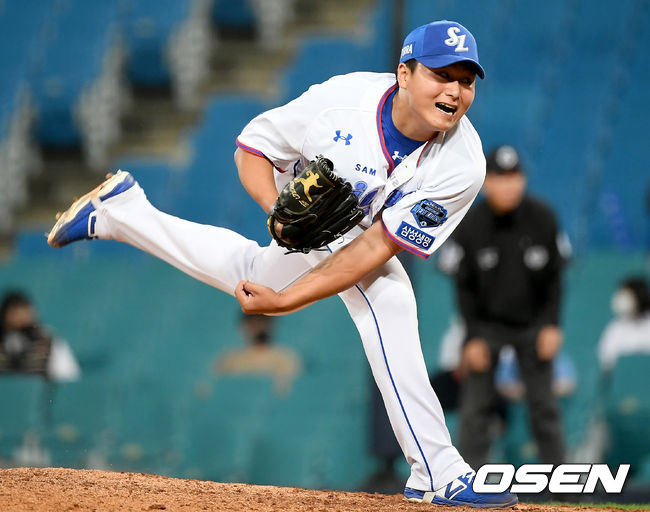 22일 오후 대구 삼성라이온즈파크에서 ‘2021 신한은행 SOL KBO리그’ 삼성 라이온즈와 한화 이글스의 경기가 열렸다.8회초 삼성 이승현이 마운드에 올라 힘차게 공을 뿌리고 있다. 2021.06.22 /ksl0919@osen.co.kr