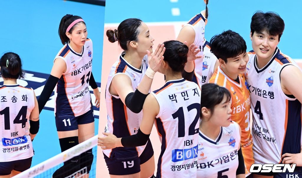 26일 경기 의정부체육관에서 열린 ‘2021 의정부∙도드람컵 프로배구대회’ IBK기업은행과 GS칼텍스의 경기, IBK기업은행 김수지, 김희진, 표승주가 동료들을 격려하고 있다. 2021.08.26 /sunday@osen.co.kr
