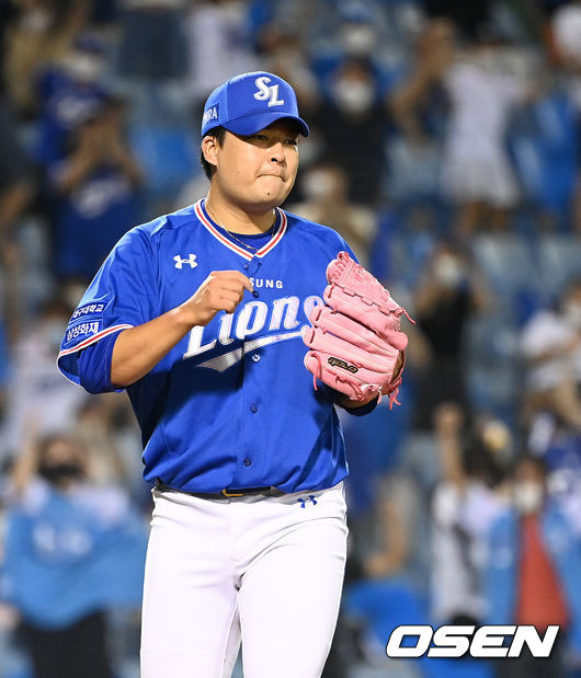 8회말 무사 만루에서 삼성 심창민이 한화 이원석을 삼진으로 처리하고 환호하고 있다. 2021.09.11 /sunday@osen.co.kr