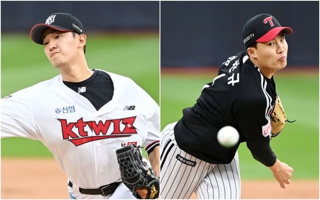 25일 오후 경기도 수원시 수원kt위즈파크에서 ‘2021 신한은행 SOL KBO 리그’ KT 위즈와 LG 트윈스의 경기가 열렸다. KT 선발 고영표(왼쪽)와 LG 선발 임찬규가 마운드 위에서 힘차게 공을 뿌리고 있다. 21.09.25/rumi@osen.co.kr