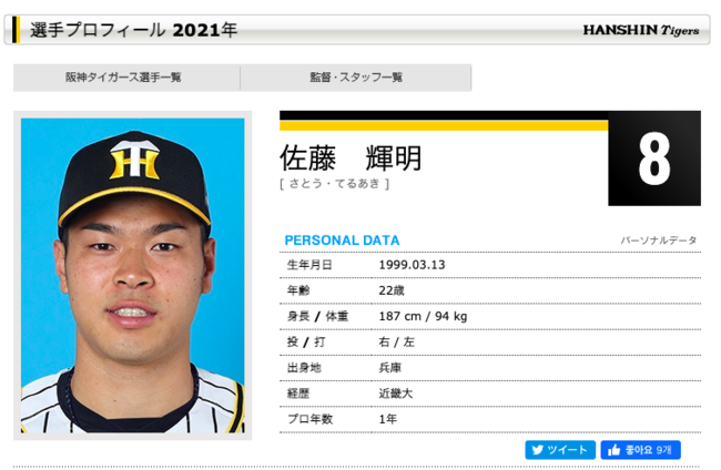 사토 데루아키./한신타이거즈 홈페이지.