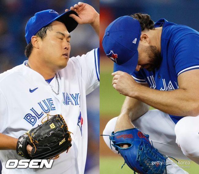 [사진] 토론토 블루제이스 류현진(왼쪽), 로비 레이. ⓒGettyimages(무단전재 및 재배포 금지)