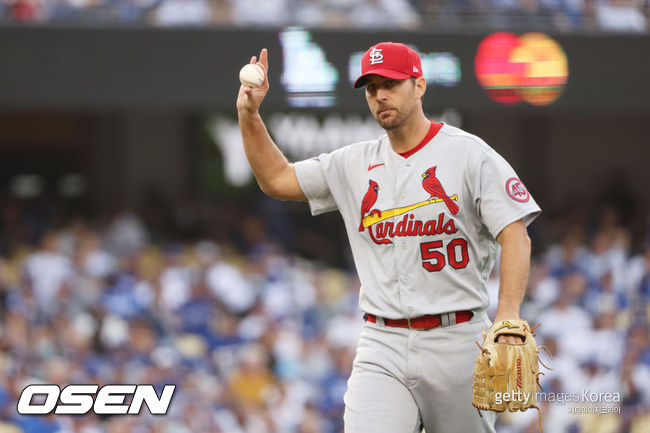 [사진] 지난 7일 벌어진 LA 다저스와의 내셔널리그 와일드카드 게임 1회서 저스틴 터너의 직선타구를 잡아낸 뒤 공을 들어보이며 덕아웃으로 가고 있는 세인트루이스의 애덤 웨인라이트. ⓒGettyimages(무단전재 및 재배포 금지)