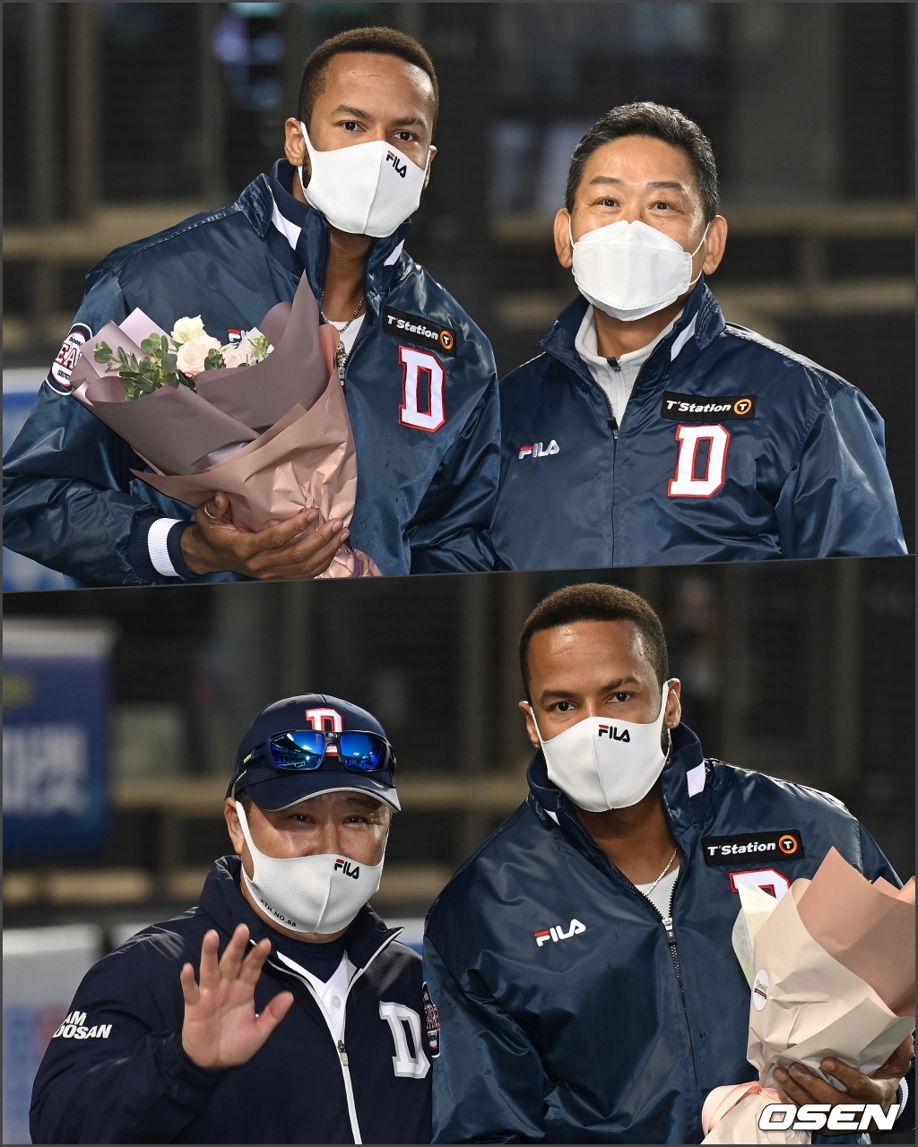 24일 서울 잠실야구장에서 열린 ‘2021 신한은행 SOL KBO리그’ 두산 베어스와 LG 트윈스의 더블헤더 1차전 경기, 종료 후 225탈삼진 기록을 세운 두산 미란다가 전풍 사장과 김태형 감독에게 꽃다발을 받고 기념촬영을 하고 있다. 2021.10.24 /sunday@osen.co.kr