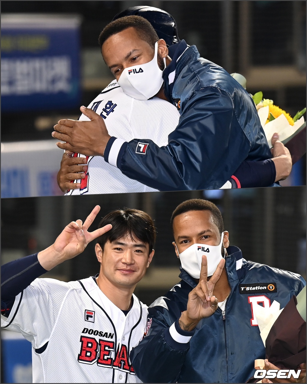 24일 서울 잠실야구장에서 열린 ‘2021 신한은행 SOL KBO리그’ 두산 베어스와 LG 트윈스의 더블헤더 1차전 경기, 종료 후 225탈삼진 기록을 세운 두산 미란다가 주장 김재환에게 꽃다발을 받고 기념촬영을 하고 있다. 2021.10.24 /sunday@osen.co.kr