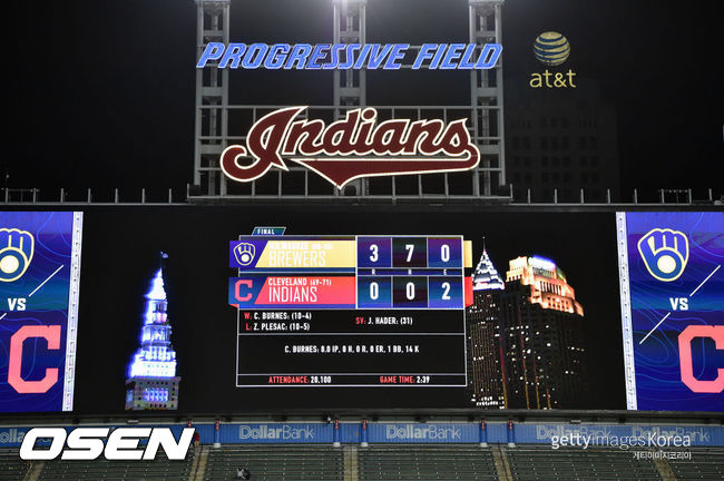 [사진]클리블랜드의 홈구장인 프로그레시브 필드의 초대형 전광판 위에 설치돼 있던 '인디언스' 사인판. ⓒGettyimages(무단전재 및 재배포 금지)