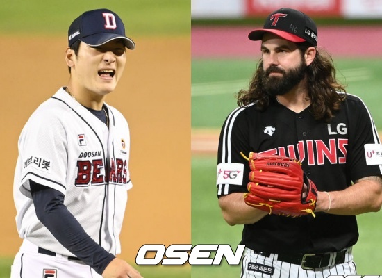 두산 곽빈(좌)과 LG 케이시 켈리 / OSEN DB