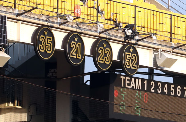 대전 한화생명이글스파크 3루 관중석에 한화 역대 영구결번들이 걸려있다. /한화 이글스 제공