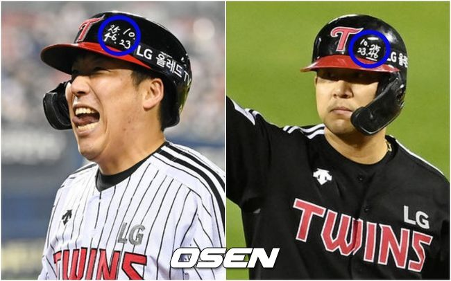 준플레이오프에서 뛰고 있는 LG 선수들의 헬멧과 모자에는 부상 중인 팀 동료들의 배번이 적혀 있다.김현수(왼쪽)와 김민성. /OSEN DB