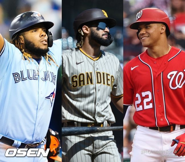 [사진] 토론토 블루제이스 블라디미르 게레로 주니어(좌측부터), 샌디에이고 파드리스 페르난도 타티스 주니어, 워싱턴 내셔널스 후안 소토. ⓒGettyimages(무단전재 및 재배포 금지)